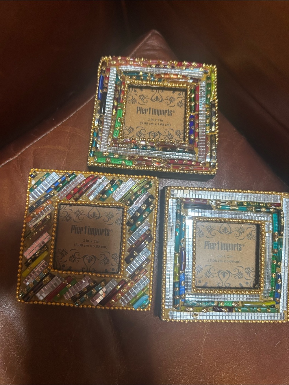 Pier 1 Multicolor Beaded Mosaic Square Photo Frames - Gold Trim (Set of 3)